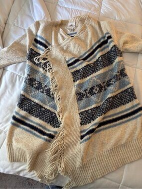 St. John's Bay Cream Poncho Cardigan with Blue Stripe Pattern and Fringe